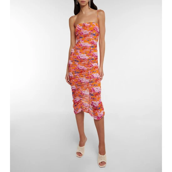 Magda Butrym Ruched Floral Mesh Midi Dress